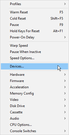 Altirra Devices menu option